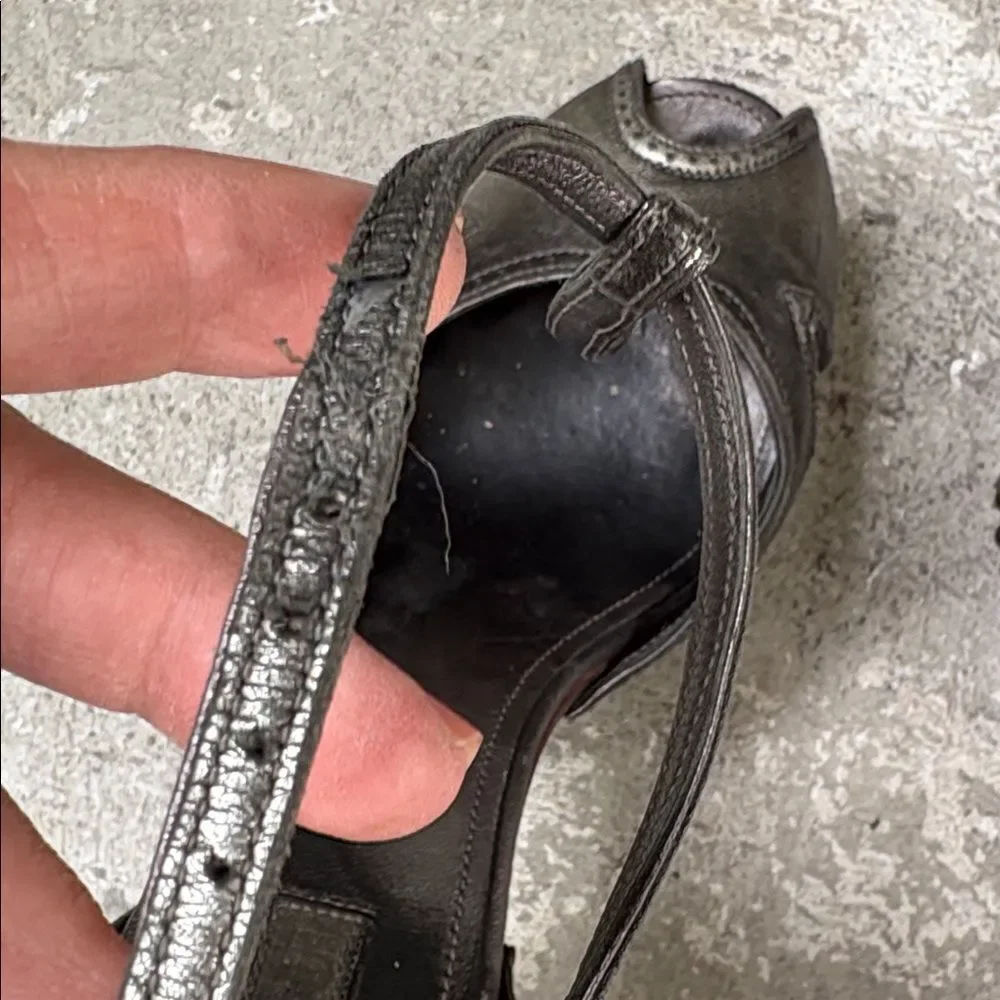Prada gunmetal open toe platforms